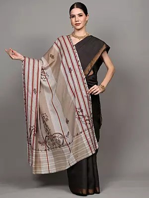 Dual-Color Stripes woven Shawl with Sozni Embroidered Paisleys from Punjab