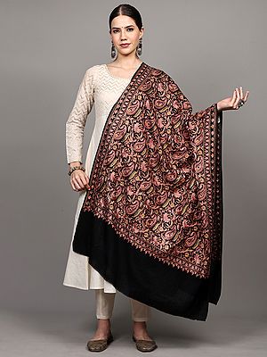 Black-Beauty Pure Wool Shawl from Punjab with Intricate Heavy Thread Embroidered Paisley and Flowers All-Over