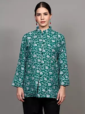 Wool Short Jacket with Aari Embroidered Floral Vines and Side Pockets from Kashmir