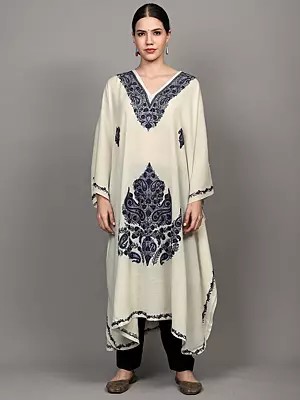 Cannoli-Cream Pure Wool Kaftan with Aari Embroidered Paisleys from Kashmir