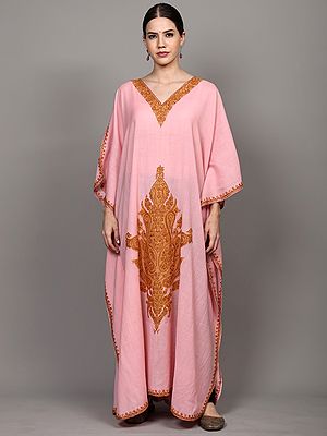 Pink-Dolphin Pure Wool Kaftan with Aari Embroidered Paisleys by Hand from Kashmir