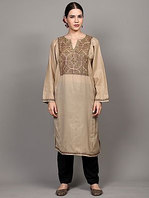 Shifting-Sand Wool Phiran with Aari Embroidery on Neck and Side Pockets from Kashmir