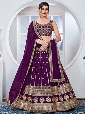 Designer Purple Georgette Lehenga Choli Adorned With Thread And Sequins Work