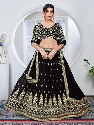 Black Faux Georgette Lehenga Choli With Dupatta Featuring Exquisite Thread And Sequins Embroidery Work