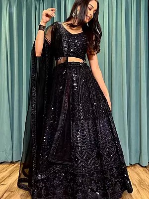 Black Net Lehenga Choli Set With Dori And Sequins Work Matching Belt And Dupatta Perfect For Weddings