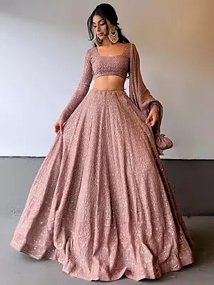 Georgette Lehenga Choli With Dupatta Sequins Embroidery And Chikan Kari Work For Weddings And Festive Occasions
