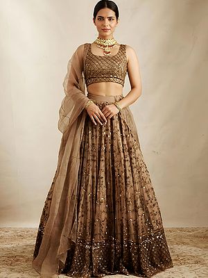 Soft Net Embroidered Lehenga Choli With Heavy Sequin Work And Matching Dupatta For Wedding