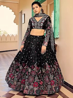 Black Faux Georgette Embroidered Lehenga Choli With Dupatta Featuring Exquisite Sequence And Thread Work