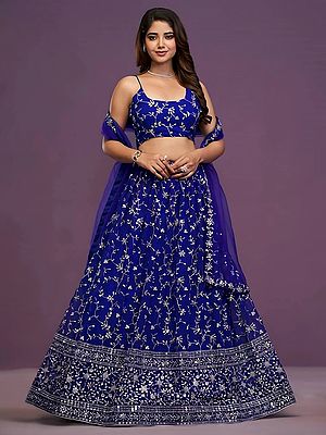 Blue Georgette Embroidered Lehenga Choli With Stunning Sequence And Zari Detailing Ideal For Weddings Engagements