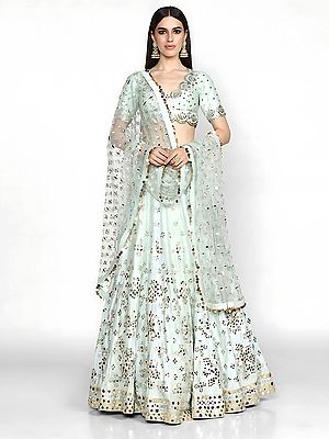 Stylish Art Silk Lehenga With Intricate Thread Zari And Foil Mirror Embroidery Work For Festive And Wedding Wear