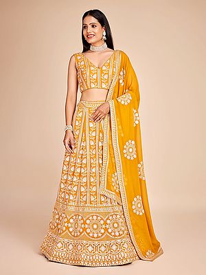 Traditional Lehenga Crafted With Artistic Thread And Sequin Embroidery On Smooth Faux Georgette Fabric