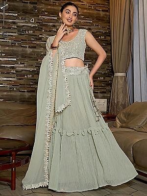 Georgette Lehenga Choli Set With Detailed Crush Work And Flowing Dupatta For Special Occasions