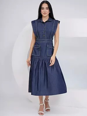 Stylish Blue Denim Midi Dress With Button Down Detail And Pockets For Casual Outings
