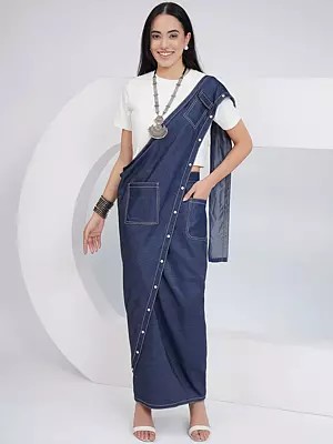 Stylish Denim Skirt Drape With Off White Cotton Top For A Chic Modern Ethnic Ensemble