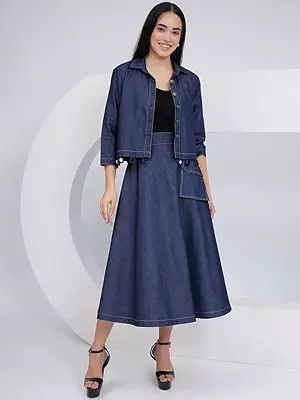 Trendy Denim A-Line Skirt with Cotton Inner and Denim Jacket in Black and Blue for a Chic Look