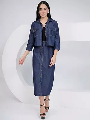 Chic Denim Pencil Skirt With Cotton Inner And Cropped Denim Jacket In Black And Blue