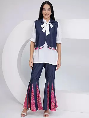 Stylish Denim Shara With Rayon Crepe Shirt And Denim Jacket In White And Blue With Hand Embellishment