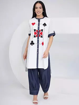 White Rayon Crepe Applique Embroidered Shirt Paired With Stylish Blue Denim Afghani Pants For A Modern Fusion Look