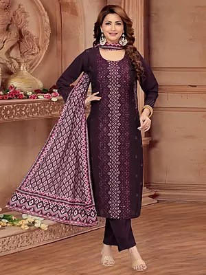 Wine Soft Silk Kurta Set With Resham Embroidery And Georgette Digital Print Dupatta