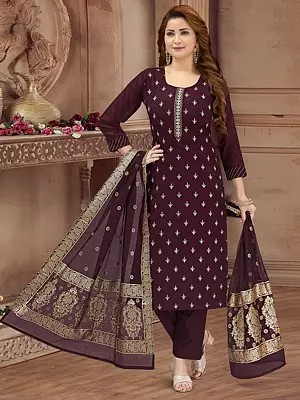 Elegant Wine Kurta Set With Intricate Thread Work And Brocket Silk Dupatta For Festive Occasions