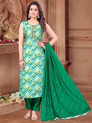 Stylish Green Georgette Kurta Set With Hand Work And Art Silk Bottom For A Contemporary Look