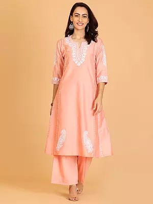Beautiful Peach Cotton Silk Kurta Set With Delicate Embroidery For Casual And Festive Occasions