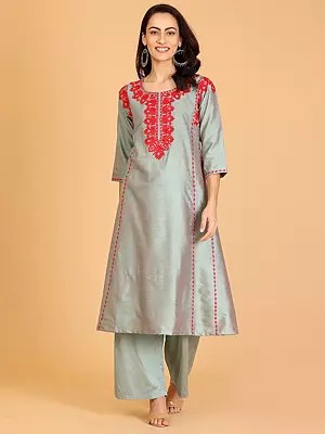 Stylish Embroidered Cotton Silk Kurta Set With Pants For Women Ideal For Casual And Festive Occasions