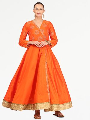 Orange Silk Flared Anarkali Dress Long Gown With Golden Zari Embroidery Angrakha Style Festive Party Wedding Wear For Women