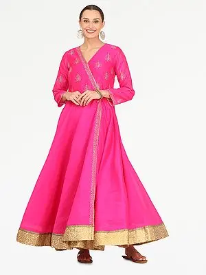Pink Silk Flared Anarkali Dress Long Gown With Golden Zari Embroidery Angrakha Style Festive Party Wedding Wear For Women