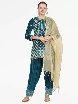Teal-Green Velvet Salwar Kameez Suit With Heavy Golden Embroidery And Chanderi Dupatta Indian Traditional Party Wear For Women