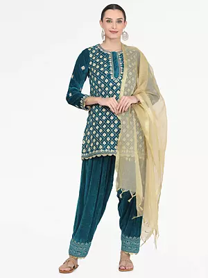 Teal-Green Velvet Salwar Kameez Suit With Heavy Golden Embroidery And Chanderi Dupatta Indian Traditional Party Wear For Women