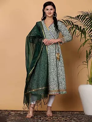 White And Green Hand Block Print Cotton Angrakha Anarkali With Lycra Churidar And Chanderi Dupatta