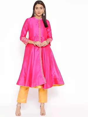Women'S Silk Flared Kurta Set With Intricate Embroidery On Neckline And Sleeves Paired With Straight Pants For Festive And Party Wear