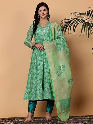 Green Chanderi Block Print Kurta Set With Silk Pants And Matching Chanderi Dupatta For Functions