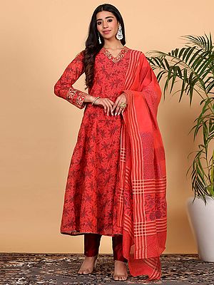 Turquoise Chanderi Block Print Kurta Set Paired With Silk Bottoms And Printed Chanderi Dupatta