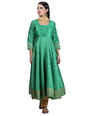 Green Hand Block Print Silk Anarkali Suit With Shantoon Bottom And Chanderi Dupatta