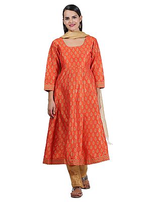 Women Elegant Orange Hand Block Print Silk Flared Anarkali Suit Set For Festive Party Wear