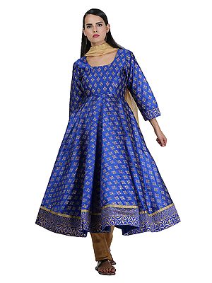 Royal Blue Block Print Silk Anarkali Suit Set With Chanderi Dupatta Ethnic Party Wear for Women