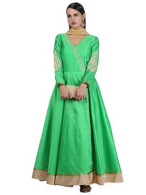Green Embroidered Angrakha Style Silk Anarkali Gown Suit For Weddings And Parties