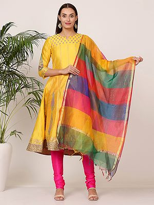 Women's Festive Block Print Silk Kurta Set With Silk Bottom And Multicolor Chanderi Dupatta