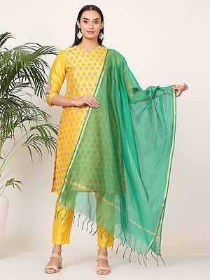 Women's Silk Straight Cut Kurta Set With Block Print And Contrast Chanderi Dupatta