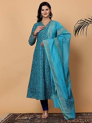Women's Chanderi Flared Kurta Set With All Over Paisley Print And Silk Bottom For Festive Wear