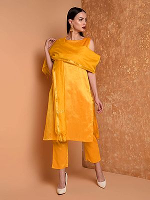 Women's Designer Sleeveless Straight Cut Silk Kurta Set With Silk Pants And Chanderi Dupatta