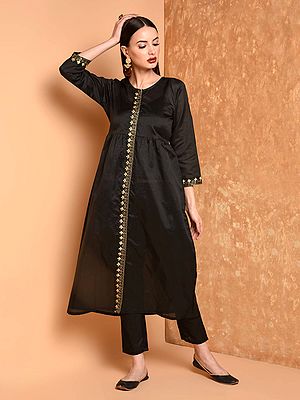 Women's Classic Black Embroidered Party Wear Flared Silk Kurta Set With Straight Pant