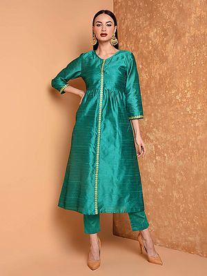 Designer Women Embroidered A Line Silk Kurta Set With Matching Pants For Festive Occasions
