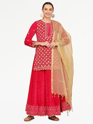Pink Velvet Kurti Sharara Set With Geometric Embroidery And Chanderi Dupatta For Festive Party Wear