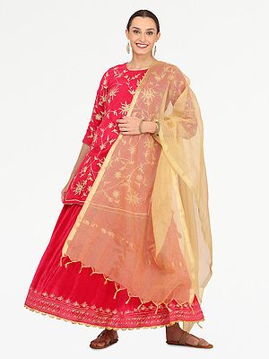 Indian Wedding Pink Velvet Kurti Sharara Set With Golden Embroidery And Chanderi Dupatta