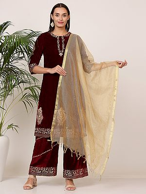 Maroon Velvet Embroidered Kurta Palazzo Set With Straight Kurta And Chanderi Dupatta For Festive Wear