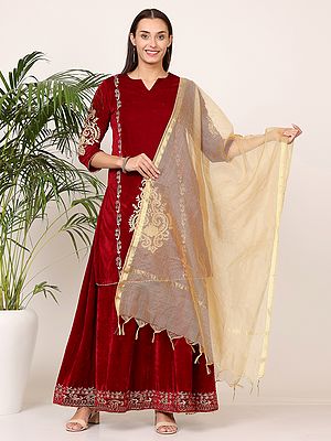 Maroon Velvet Kurti Sharara Set With Floral Embroidery And Chanderi Dupatta For Wedding Occasions