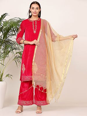 Designer Pink Velvet Palazzo Suit With All Over Embroidery And Chanderi Dupatta Ethnic Wear